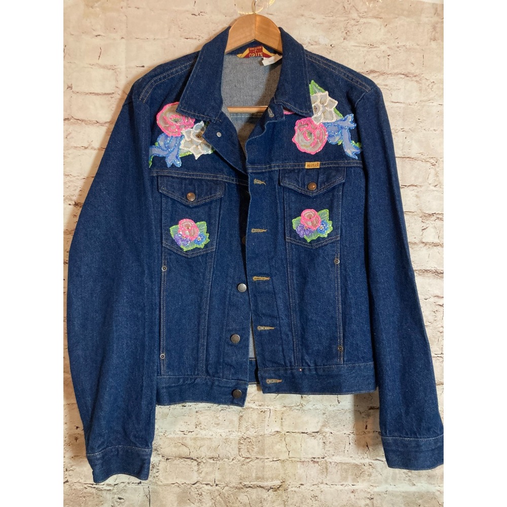 Vintage Rustler Jean Jacket Women Large Hand Painted Artsy Dark Wash 80's Button